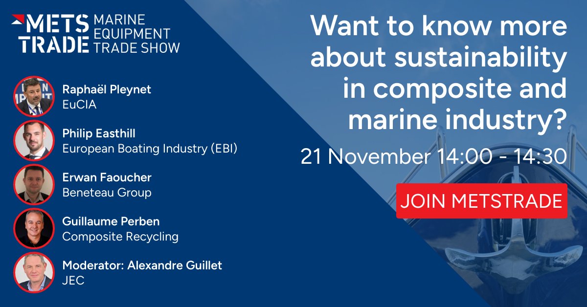 [ EVENT ] Join our conference session at <a href="/metstrade/">METSTRADE</a> and find out how #compositematerials can help improve #sustainability in the #marine and #boating sector. 

Registration ▶️ tinyurl.com/jbnjpktp

@EBI_Boating <a href="/JECComposites/">JEC Group</a> #EuCIA #composites #circulareconomy #netzero