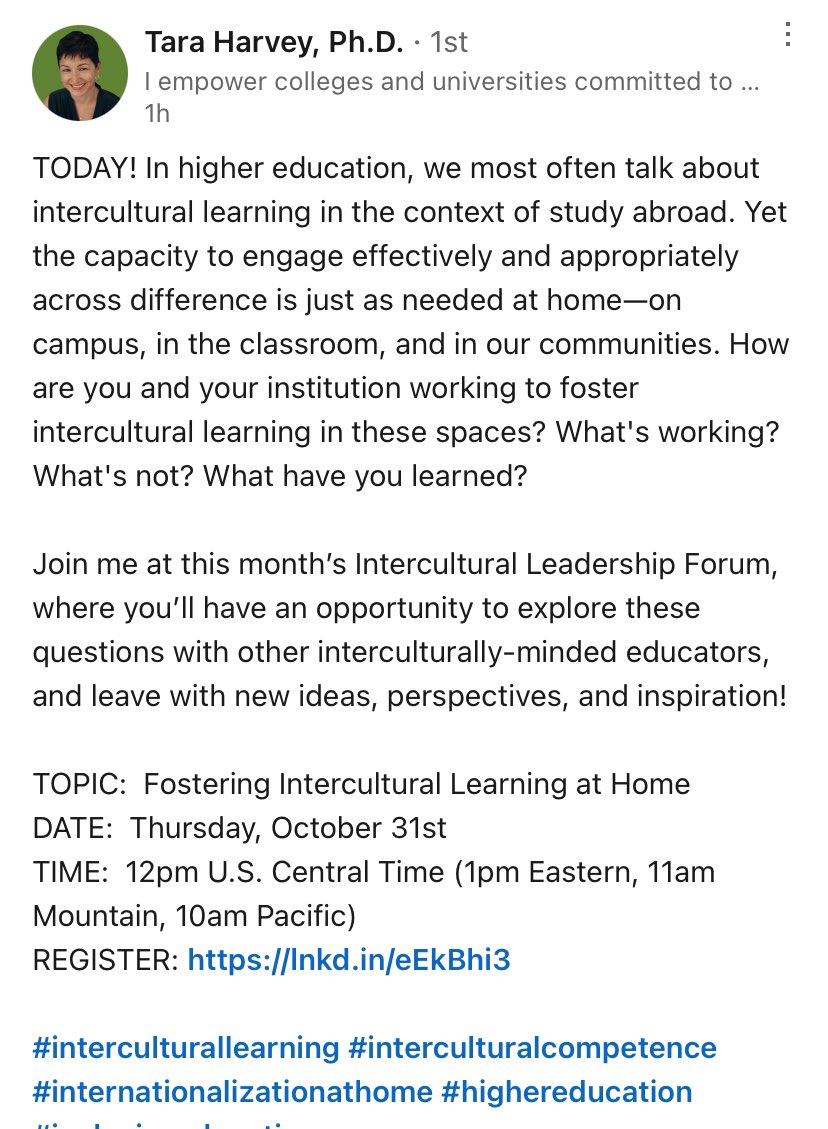 IANRGlobal's tweet image. Have you heard of the @UNL_CASNR Global Learning Community of Practice? One aspect is sharing free resources for PD, networking &amp;amp; knowledge building, like this event today with True North Intercultural! linkedin.com/safety/go?url=…
#GlobalLearning #InternationalizationAtHome
