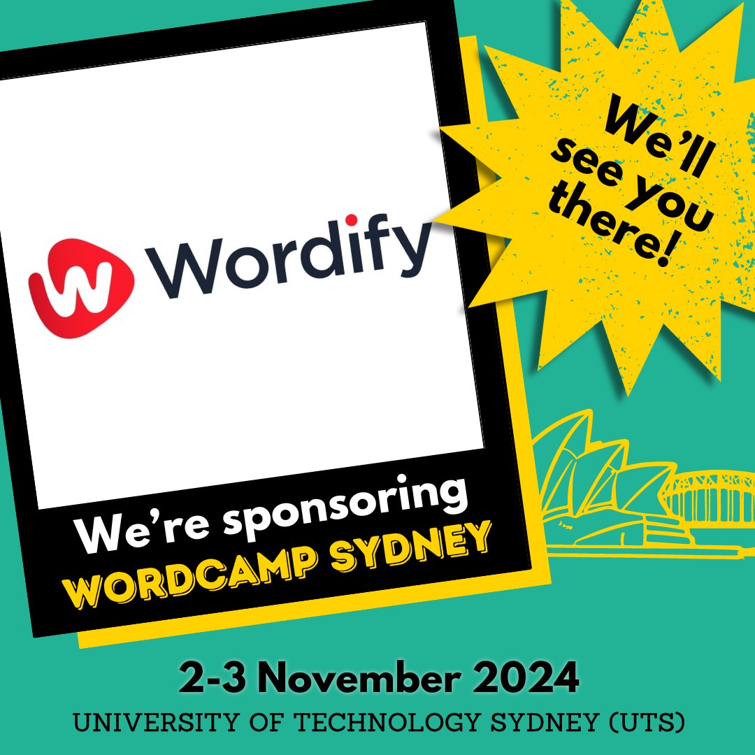 gowordify's tweet image. We’re thrilled to announce that Wordify is a proud sponsor of WordCamp Sydney 2024! 🎉

Join us on November 2-3 at the University of Technology Sydney (UTS) for a weekend packed with learning, inspiration, and connecting with the incredible WordPress community. 

Whether you’re a…