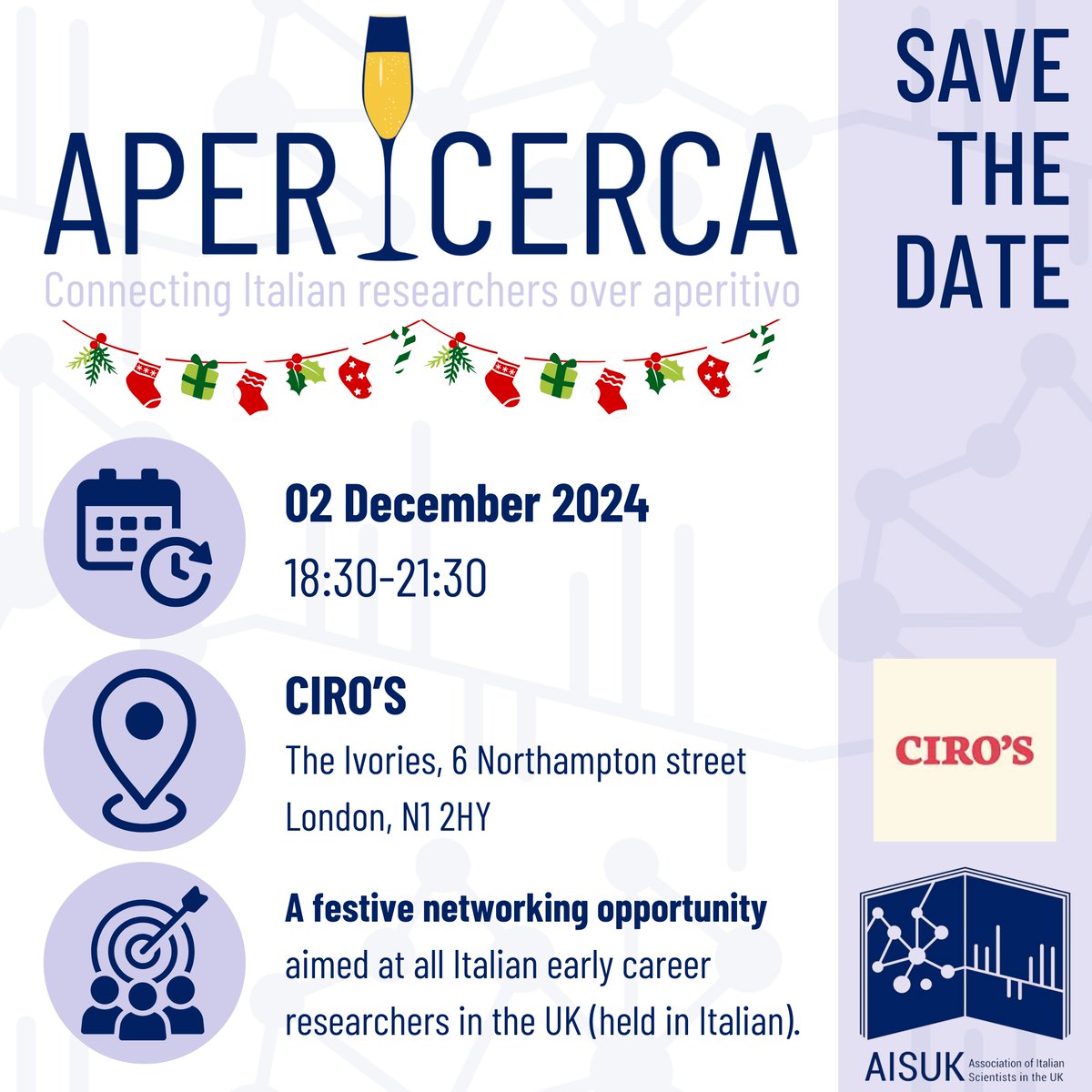 📢 Save the date! The 2nd #APERicerca event is coming to London on 2nd December! Join us for a festive networking evening for Italian #ECRs - connect, celebrate, and share ideas  🍷🎄Ticket sales start soon!