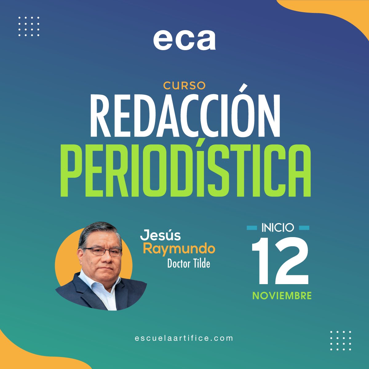 EditArtifice's tweet photo. ✍🏽 ¿Quieres redactar y editar textos periodísticos de calidad? Gracias al método ECA, el profesor @DoctorTilde te enseñará a generar contenidos que destaquen por su buen estilo y valor informativo 📝.
#CursoVirtuales #RedacciónPeriodística #VacantesLimitadas https://t.co/yLBcypP0QL