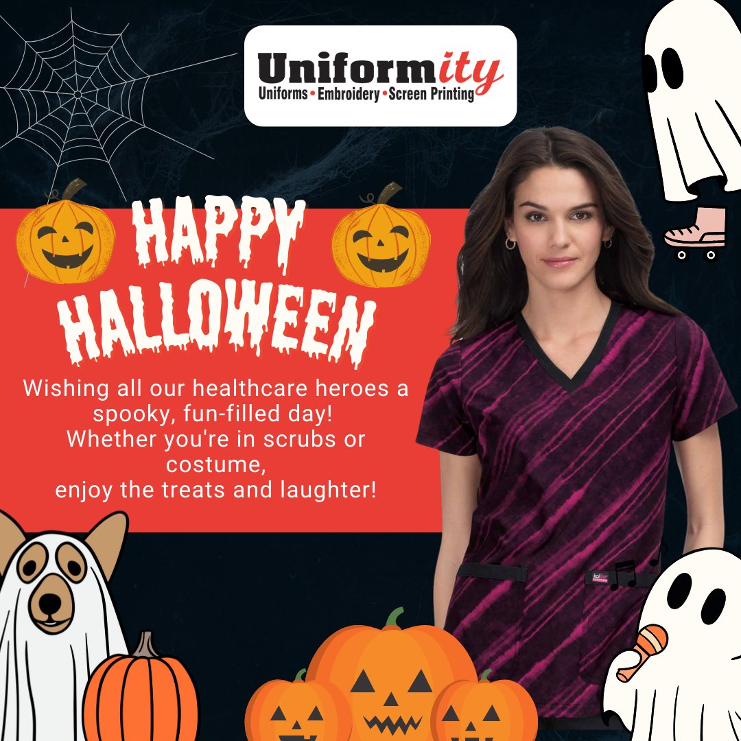 UniformityUSA's tweet photo. 🎃 Happy Halloween from Uniformity! Wishing all our healthcare heroes a spook-tacular day! Whether you’re in scrubs or costume, we hope your day is full of treats &amp; laughter. 🕷️ Share your Halloween scrub looks below! Stay safe &amp; enjoy the festivities! 🦇✨ #HappyHalloween https://t.co/8e2rpZa5hc