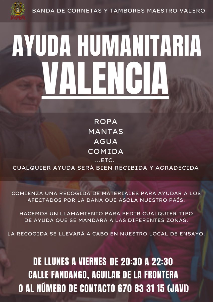 Bctmaestrovaler's tweet photo. Para ayudar lo máximo posible a los afectados nuestra banda ofrece el local de ensayo para recibir todo tipo de material para luego mandarlo a las diferentes zonas afectadas. En el siguiente cartel obtendréis toda la información para las aportaciones. 
¡Gracias de antemano!. https://t.co/k59fGtBE1g