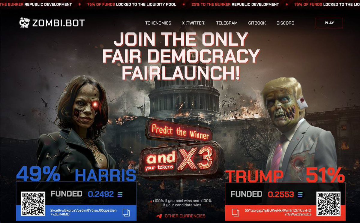CryptoDefiLord's tweet photo. The coming US elections is a massive money printooor 👀.

I’m not aping all $TRUMP shitters on Pf because…

$ZMBI is the golden ticket into the secret government bunkers for crypto geeks.

Unlike other memes:

• 75% of all funds raised goes into the LP.

• And all tokens bought at fair launch are fully unlocked.

Participate in the @cyber_zombi_bot fair launch and get up to 3x of the tokens you buy 💰.

https://t.co/VsOoiSEIPe