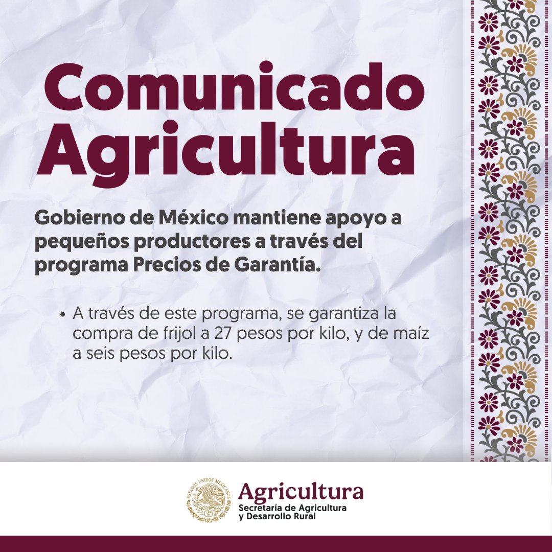 #Comunicado | El programa de Precios de Garantía para el ciclo agrícola Primavera-Verano 2024, continuará a partir del 30 de octubre del presente año.

➡️ Consúltalo aquí: rebrand.ly/tp7styc