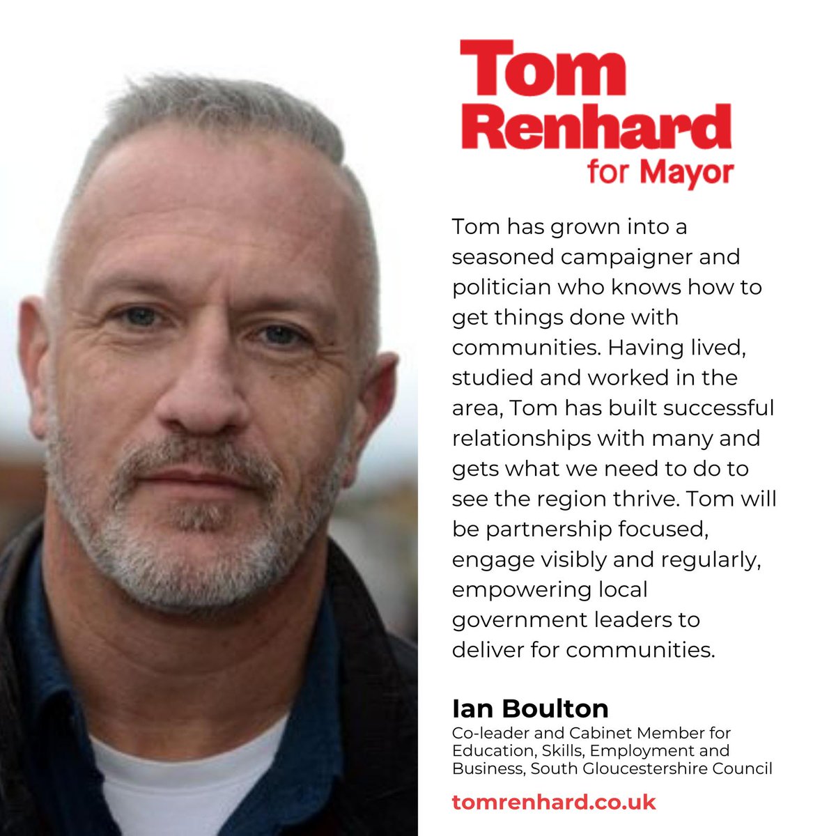 🌹I am delighted to have the support of Councillor <a href="/IanBoulton/">Ian Boulton</a>, Co-leader and Cabinet Member for Education, Skills, Employment and Business, South Gloucestershire Council

🤝Working in partnership with local leaders is how the West of England thrives

👉 tomrenhard.co.uk