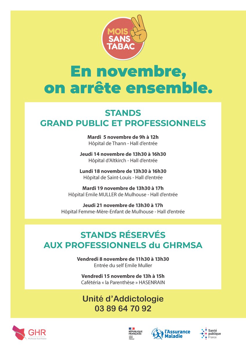 [MOIS SANS #TABAC] L'équipe de l'unité d'#Addictologie🚭se mobilise dans le but d'aider et inciter à l'arrêt de la consommation de tabac👍
👉Des stands d'info et des actions de sensibilisation seront organisés tout au long du mois de novembre sur les différents sites du #GHRMSA⤵️