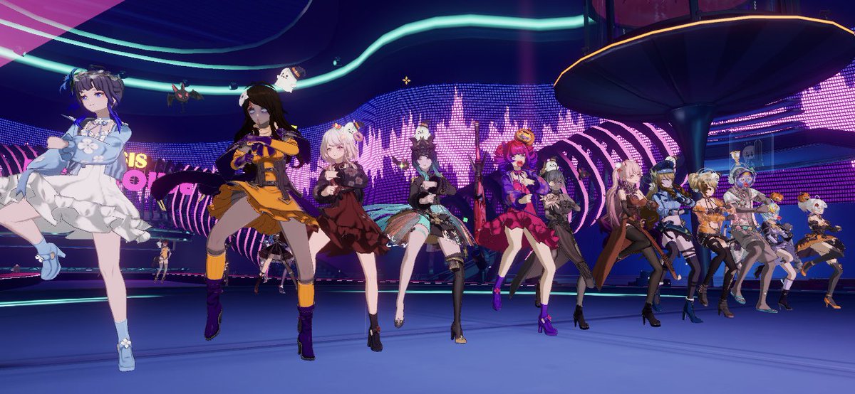 #Halloween
#荒野に彷徨うギルド
#幻塔 

ハロウィンの夜は勿論ダンスパーティです✨
（いつも通り）

踊ってるうちに、1人、また1人、と増えてきて
12人合わせになってました🥳💓
横に広い！！

ハロウィンの派手カラー🎨
気に入っちゃって、戻すの迷ってる…🥹
クラブに会うんだよ〜派手カラー✨