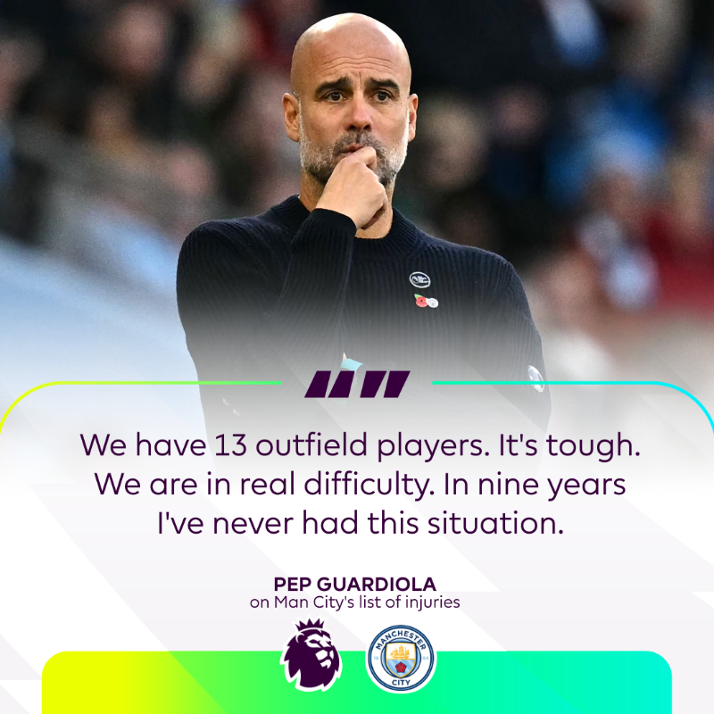 premierleague's tweet photo. Pep Guardiola says Man City only have 13 fit outfield players, following injuries in their EFL Cup loss to Spurs on Wednesday