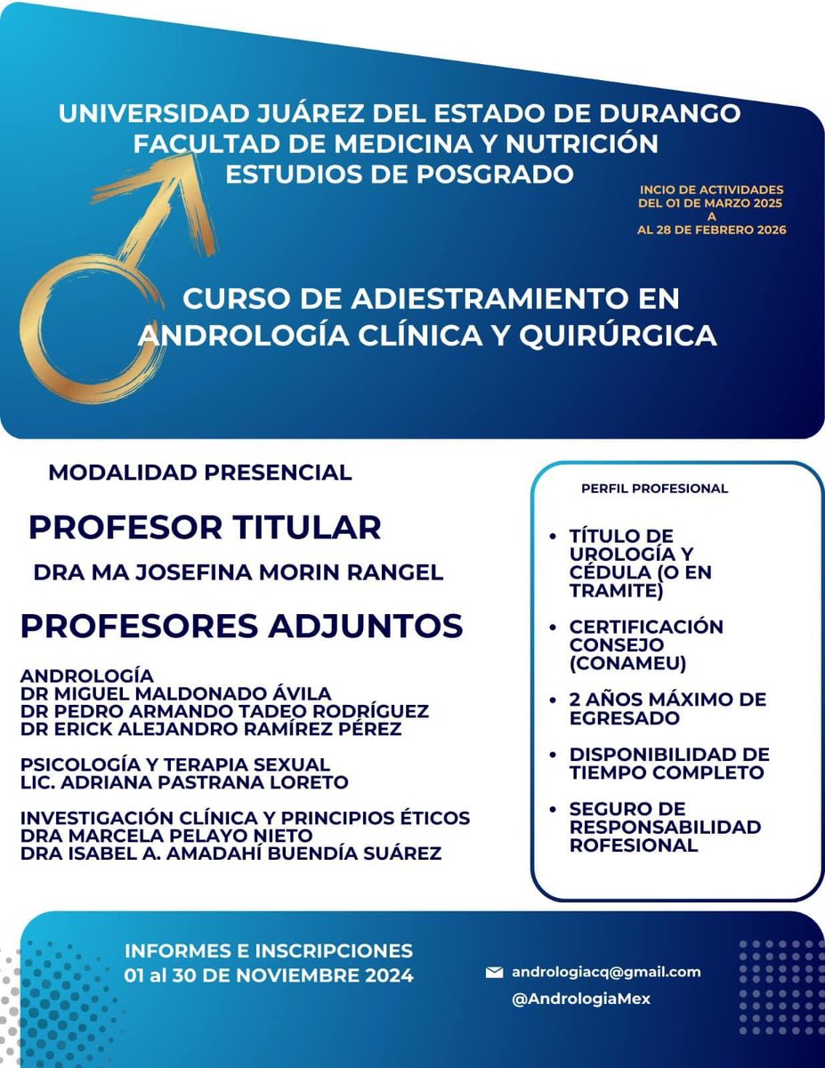 ¡Estimado colega urólog@!

Te invitamos a formar parte del Curso de Andrología Clínica y Quirúrgica, un programa único de un año de duración diseñado para especializarte en Andrología, el campo de la medicina enfocado en la salud masculina y el sistema reproductor del hombre.