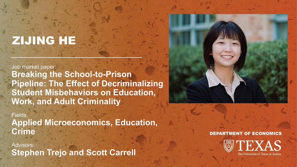 <a href="/UTAustinEcon/">UT-Austin Economics</a> PhD job market candidate:
Zijing He <a href="/zijing_he/">Zijing He</a> 
zijinghe.com
Fields:  Applied micro, Education, Crime