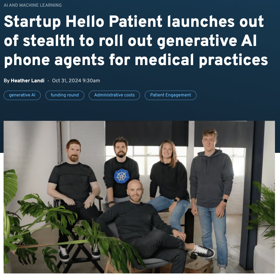I know my shitposting has suffered lately but I'm excited to share that I'm back in the arena!

Today we're launching Hello Patient out of stealth with our $6.3m seed round from 8VC, Bling Capital, and Max Ventures to bring gen AI phone agents to healthcare.