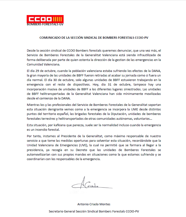 Aclariment respecte a l'anterior tweet, en referència a l'actuació dels Bombers Forestals a la #DANA i la seua infrautilització. <a href="/carlos_mazon_/">Carlos Mazón</a> <a href="/salomepradas/">Salomé Pradas Ten</a> @emilio_argueso <a href="/AlbertoMart15/">Alberto Martín Moratilla</a> <a href="/Raulkillerm/">Raúl Quílez</a>