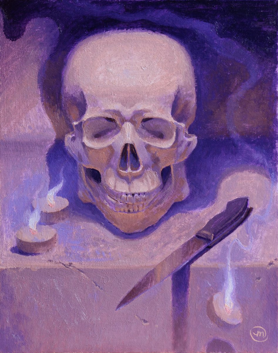 Boo! 👻 For those of you celebrating Halloween, I wish you a very Happy Halloween and to make it even more awesome, share a combined still life and imaginative painting! 💀

Oil painting on 24 x 30 cm canvas. 

#oilpainting #halloween #art #stilllife #purple #orange #skull