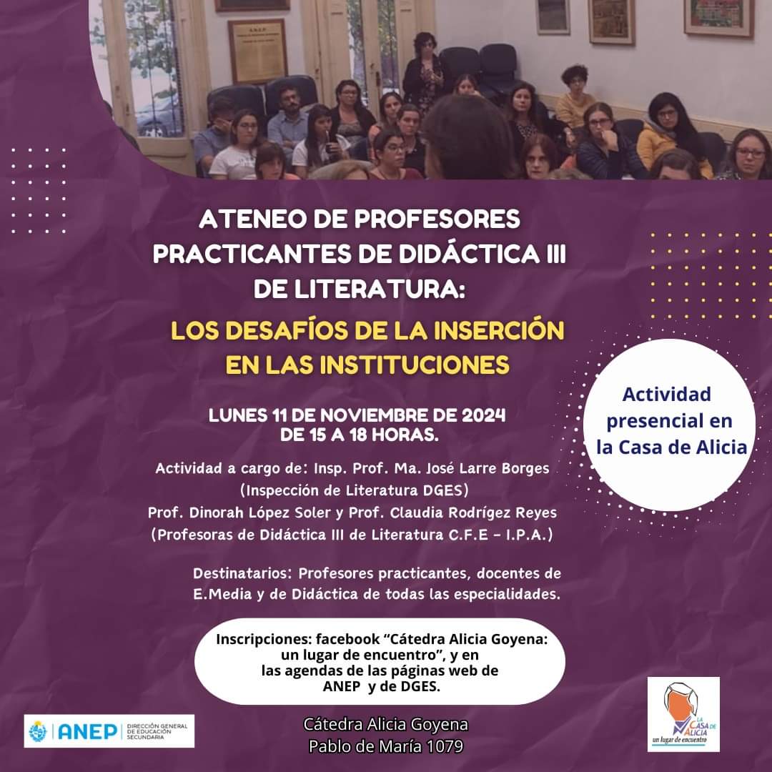 Lunes 11/11, de 15 a 18 hs. Presencial. Actividad abierta a Profesores Practicantes, Docentes de Ed. Media y de Didáctica de todas las Especialidades. <a href="/ANEP_Uruguay/">ANEP</a> 
<a href="/dges_Uruguay/">Educación Secundaria</a>