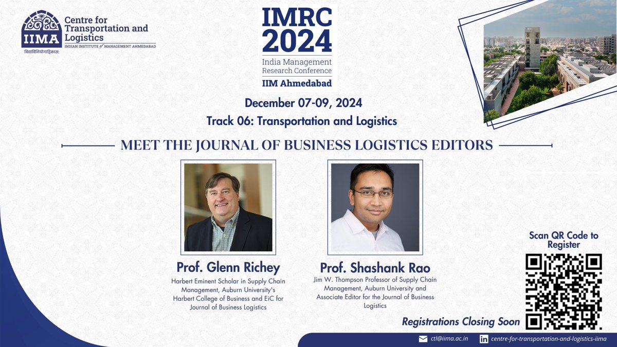 Centre for Transportation and Logistics (@ctlatiima) on Twitter photo Join <a href="/CTLatIIMA/">Centre for Transportation and Logistics</a> to "Meet the Journal of Business Logistics Editors", featuring Prof. Glenn Richey and Prof. Shashank Rao at #IMRC2024! Gain insights from senior experts of JBL on publishing in logistics, supply chain management & allied areas.
Register: conference.iima.ac.in/imrc2024/regis… Join <a href="/CTLatIIMA/">Centre for Transportation and Logistics</a> to "Meet the Journal of Business Logistics Editors", featuring Prof. Glenn Richey and Prof. Shashank Rao at #IMRC2024! Gain insights from senior experts of JBL on publishing in logistics, supply chain management & allied areas.
Register: conference.iima.ac.in/imrc2024/regis…