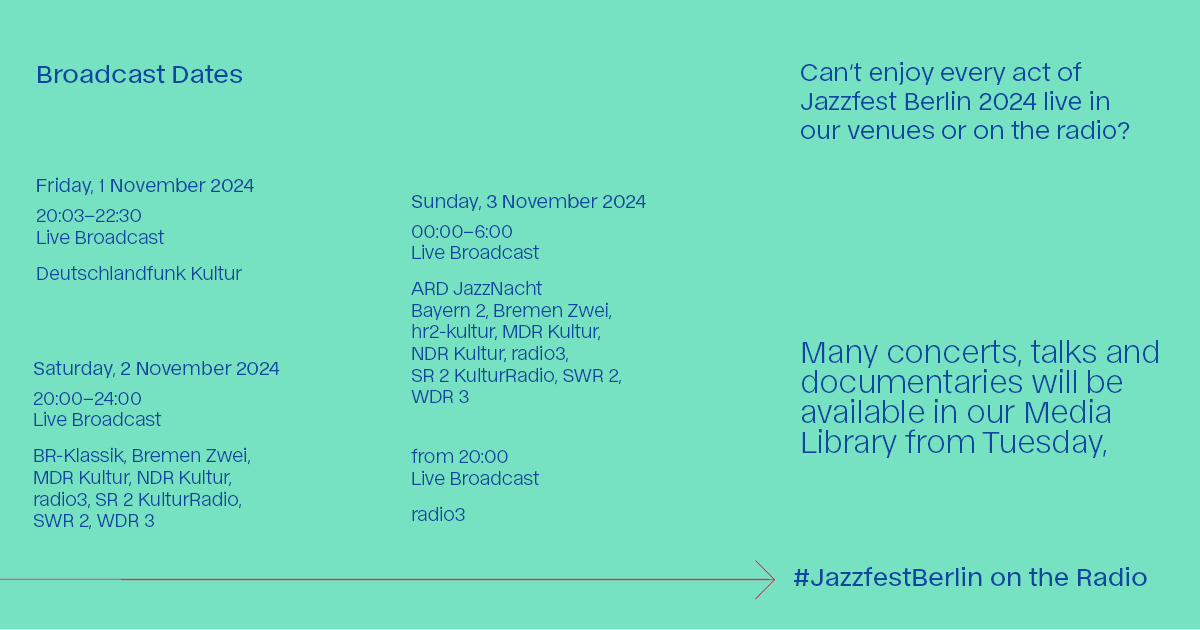 Enjoy a whole night of Jazz on the radio at ARDJazznacht or a live broadcast in the evening. No matter whether you want to listen to the concerts live or afterwards: There's something for everyone here!
Many recordings will be available in our Media Library after the festival.