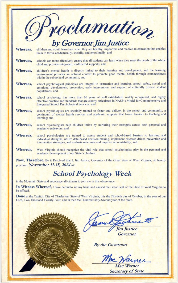 Thank you WV Governor Jim Justice for recognizing &amp; proclaiming Nov. 11-15 as School Psychology Week! @WVGovernor