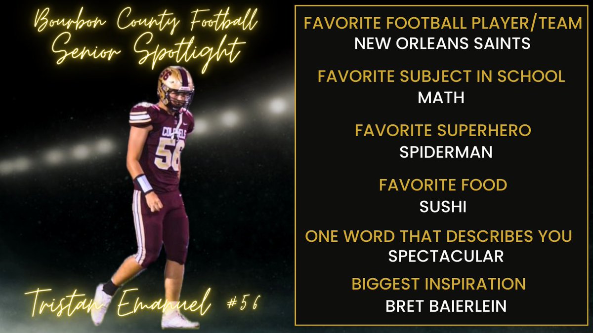 One more day until Senior Night! We continue with our Senior Spotlight with Tristan Emanuel. Tristan- we are so proud of your accomplishments on and off the field. Continue to #LEADtheWay

Join us in cheering on the Colonels on Friday as we take on Estill County at Home.