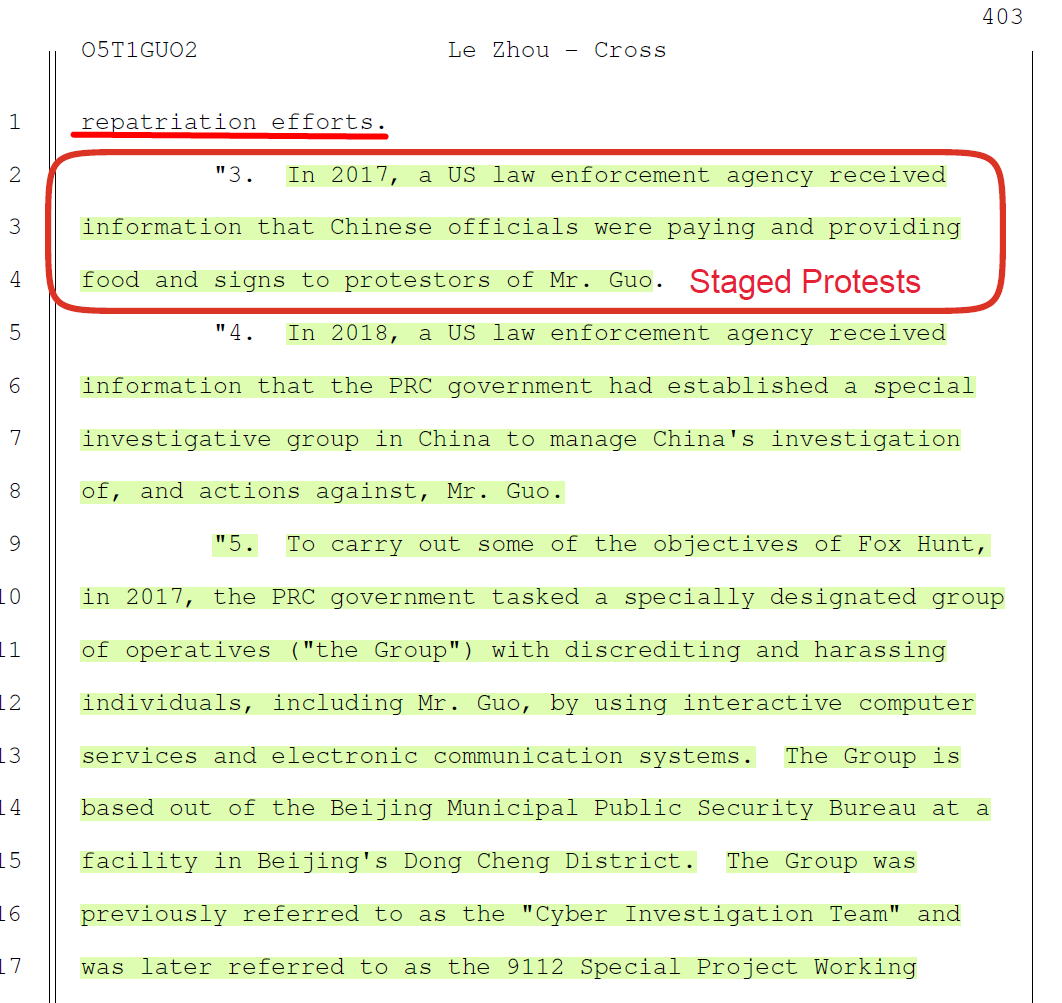 S7gril's tweet image. In Miles Guo's trial in SDNY from May 22 to July 16, 2024, Stipulation 0001, agreed upon by the Prosecutor and Defense, was read out loud. It confirmed that the CCP organized protests (shown in the previous post) and paid for the staged protests against CCP enemy No.1—Miles Guo.