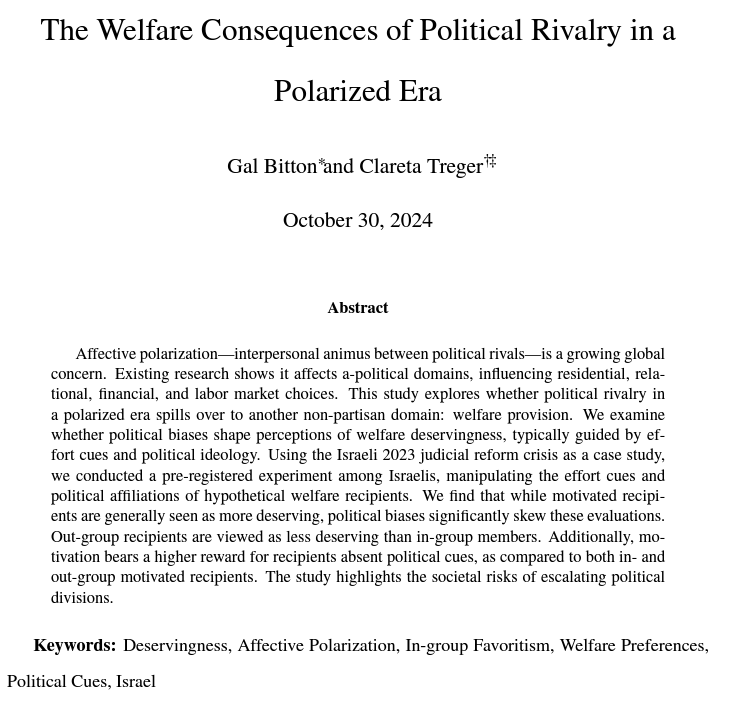 Clareta Treger, PhD ๐ (@claretat2) on Twitter photo ๐จNew pre-print alert!๐จ
Excited to share a co-authored paper by <a href="/GalBitton2/">Gal Bitton</a> and me on The Welfare Consequences of Political Rivalry in a Polarized Era. Pre-print here: osf.io/upqs8
Feedback is welcome!
Hereโs a short ๐งต(1/7) ๐จNew pre-print alert!๐จ
Excited to share a co-authored paper by <a href="/GalBitton2/">Gal Bitton</a> and me on The Welfare Consequences of Political Rivalry in a Polarized Era. Pre-print here: osf.io/upqs8
Feedback is welcome!
Hereโs a short ๐งต(1/7)