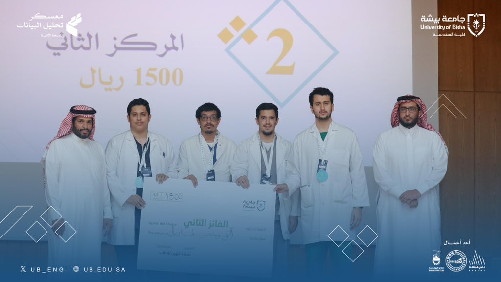 تهانينا لفريق الصحة من كلية الطب على تحقيقهم المركز الثاني في معسكر تحليل البيانات النسخة الثانية وحصولهم على جائزة مالية قدرها 1500 ريال مقدمة من عمادة شؤون الطلاب. 

#معسكر_تحليل_البيانات
#كلية_الهندسة