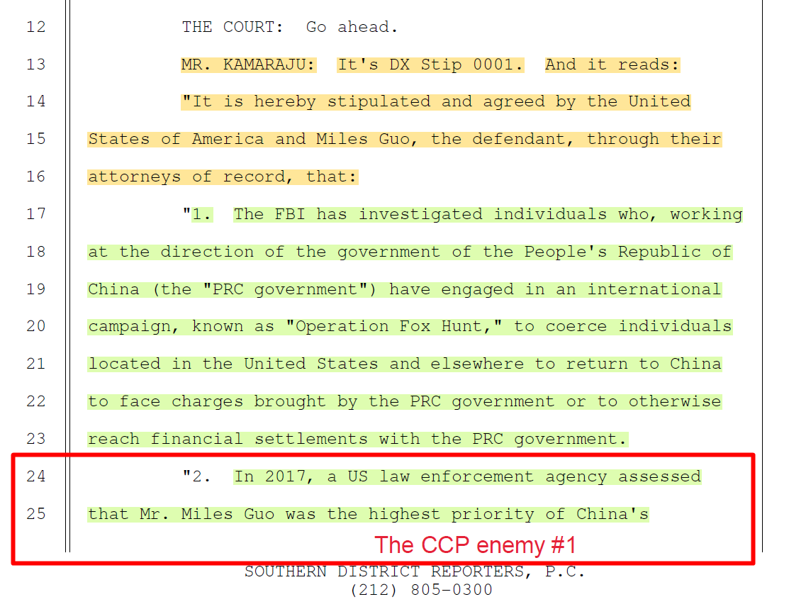 S7gril's tweet image. In Miles Guo's trial in SDNY from May 22 to July 16, 2024, Stipulation 0001, agreed upon by the Prosecutor and Defense, was read out loud. It confirmed that the CCP organized protests (shown in the previous post) and paid for the staged protests against CCP enemy No.1—Miles Guo.