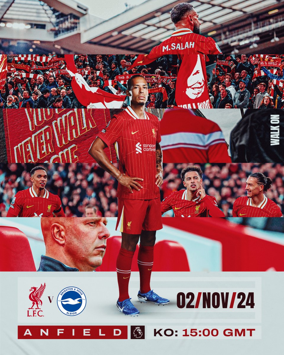 Matchday graphic for Liverpool vs Brighton. The match will take place on Saturday 2nd November 2024, 15:00 GMT kick-off at Anfield.