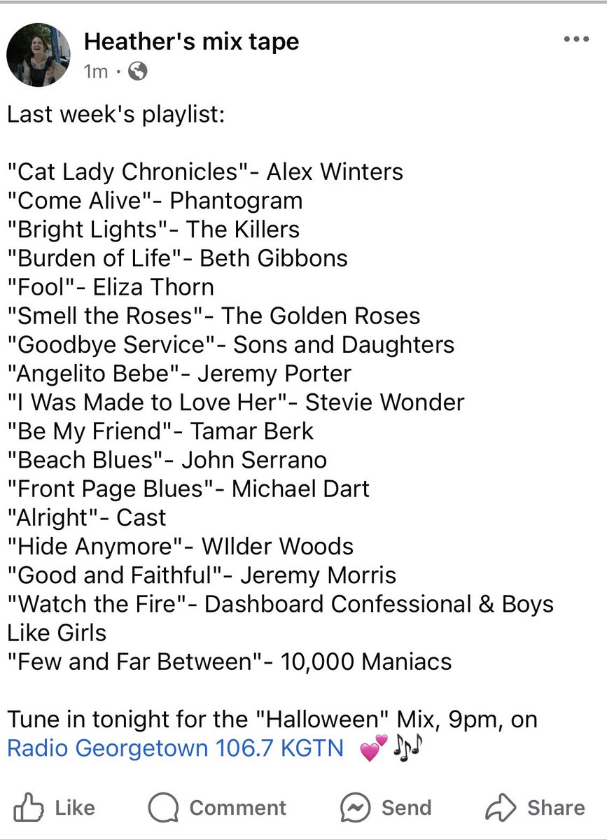 heather’s mix tape (@heathersmixtape) on Twitter photo Last week featured: <a href="/alexwintersrock/">Alex Winters</a>, <a href="/Phantogram/">PHANTOGRAM</a>, <a href="/thekillers/">The Killers</a>, <a href="/realbethgibbons/">Beth Gibbons</a>, @elizathornmusic, <a href="/TheGoldenRoses2/">John Mutchler</a>, <a href="/jeremyporterMI/">Jeremy Porter</a>, <a href="/StevieWonder/">Stevie Wonder</a>, <a href="/TamarBerk/">Tamar Berk</a>, <a href="/John__Serrano/">John Serrano</a>, <a href="/mdartmusic/">Michael Dart</a>, <a href="/iamwilderwoods/">Wilder Woods</a>, <a href="/dashboardmusic/">Dashboard Confessional</a> &more. Tune in Thursday, 9pm on <a href="/KGTNGeorgetown/">KGTN Radio</a> 💕🎶 Last week featured: <a href="/alexwintersrock/">Alex Winters</a>, <a href="/Phantogram/">PHANTOGRAM</a>, <a href="/thekillers/">The Killers</a>, <a href="/realbethgibbons/">Beth Gibbons</a>, @elizathornmusic, <a href="/TheGoldenRoses2/">John Mutchler</a>, <a href="/jeremyporterMI/">Jeremy Porter</a>, <a href="/StevieWonder/">Stevie Wonder</a>, <a href="/TamarBerk/">Tamar Berk</a>, <a href="/John__Serrano/">John Serrano</a>, <a href="/mdartmusic/">Michael Dart</a>, <a href="/iamwilderwoods/">Wilder Woods</a>, <a href="/dashboardmusic/">Dashboard Confessional</a> &more. Tune in Thursday, 9pm on <a href="/KGTNGeorgetown/">KGTN Radio</a> 💕🎶