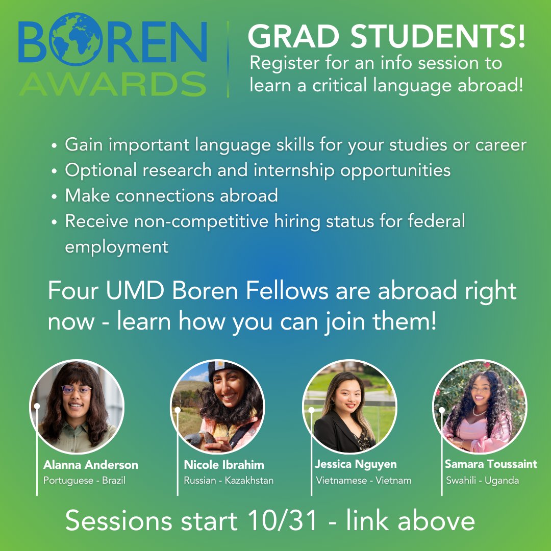 GRAD students! Interested in learning a critical language or strengthening your skills? Conducting researching abroad? Working for the Fed government? Learn more: scholarships.umd.edu/info-sessions