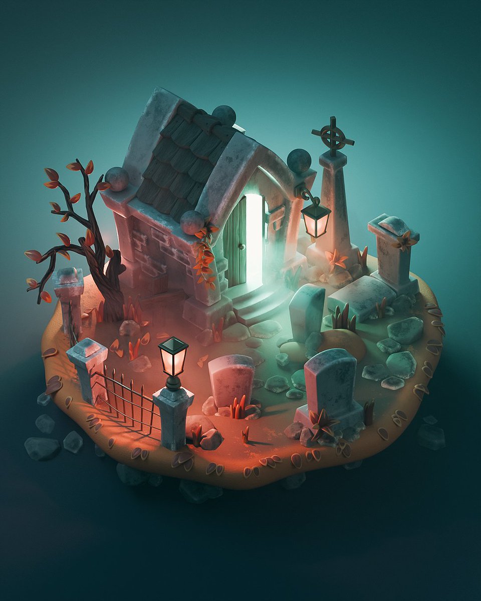 polygonrunway's tweet photo. I thought it would be nice to squeeze in one more for spooktober. Mausoleums, tombstones, eerie graveyards, malformed trees. Ghosts, skeletons and undead. Happy Halloween!

Download the Blender scene file on Patreon:
https://t.co/KiDwrXOKyr

#Blender3d #b3d #Halloween https://t.co/sndj6DqjWr