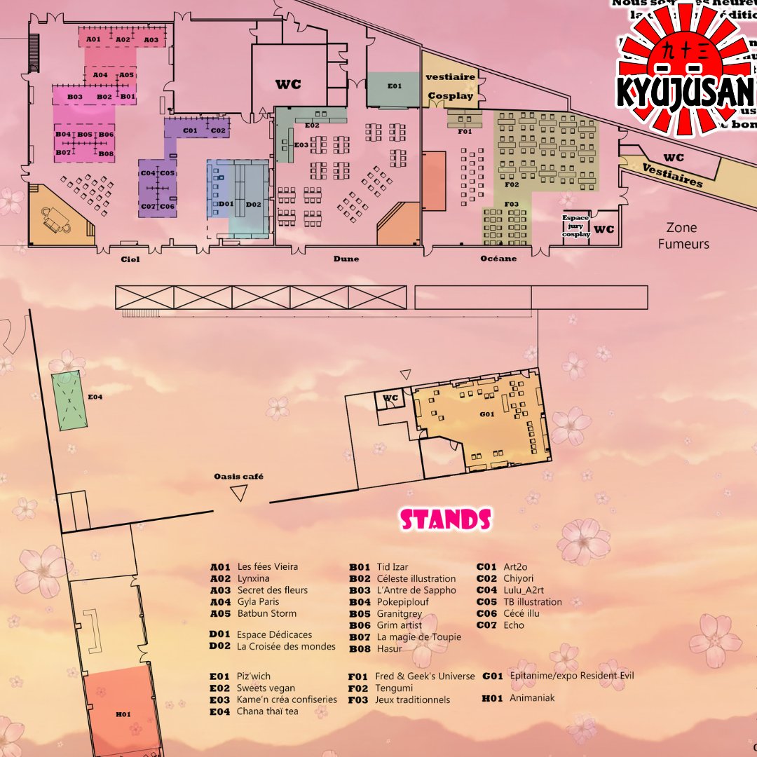 Voici le plan de la deuxième édition de Kyuu Juu San !

Vous trouverez six espaces :
- La salle Ciel
- La salle Dune
- La salle Océane
- La salle Soleil
- L'Oasis Café
- L'extérieur

Retrouvez le plan et toutes les informations sur :
kyuu-juu-san.com