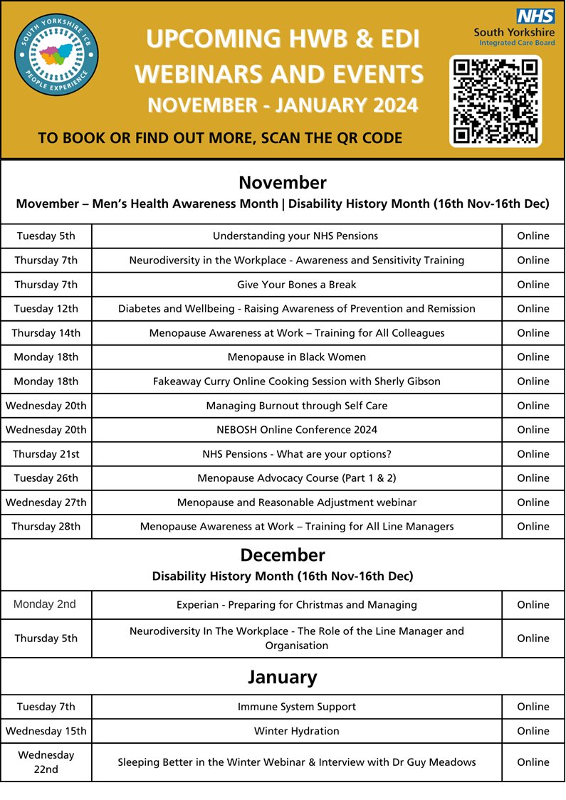Wellbeing@DBTH (@wellbeingdbth1) on Twitter photo Lots of great webinars and events coming up over the next few months scan the QR code below for more info.
<a href="/SYICB_PE/">South Yorkshire ICB People Experience</a> Lots of great webinars and events coming up over the next few months scan the QR code below for more info.
<a href="/SYICB_PE/">South Yorkshire ICB People Experience</a>