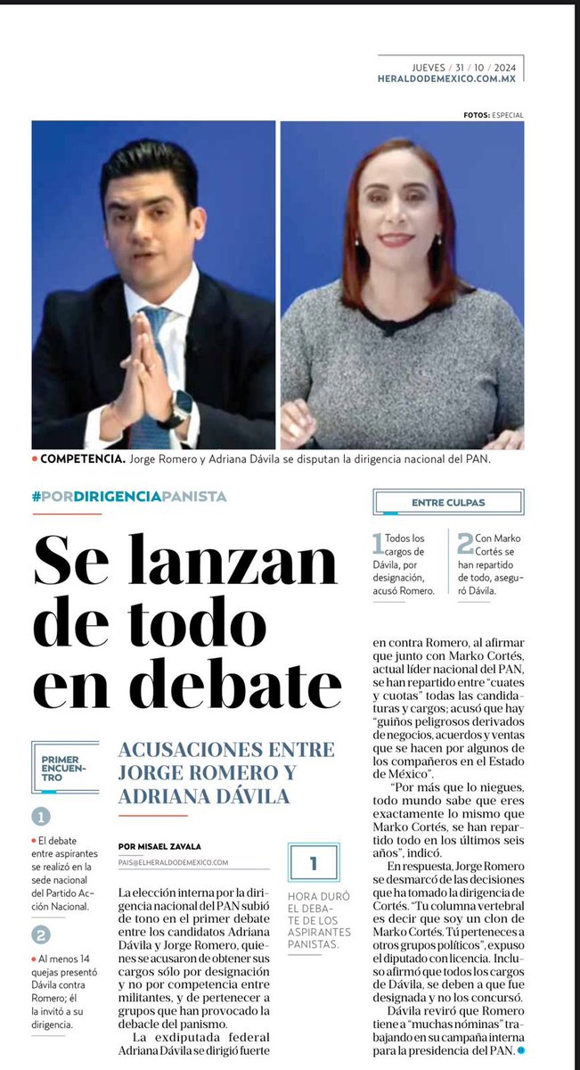AdrianaDavilaF's tweet photo. 🔵 Hemos despertado la esperanza de impulsar un mejor porvenir para @AccionNacional y revertir la debacle en la que nos encontramos. 

Agradezco a @heraldodemexico por darle cobertura a la lucha por democratizar nuevamente al PAN. . 

#DebatePAN #AdrianaDemocracia https://t.co/FqIOHhUAOz