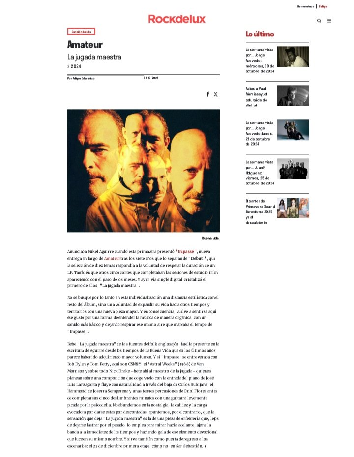 ¡"La Jugada Maestra" es canción del día en la portada de la revista digital <a href="/rockdelux/">ROCKDELUX</a>!
Con una reseña de <a href="/felipecabrerizo/">Felipe Cabrerizo</a> que nos llena de emoción con frases como
"...la sensación que deja "La Jugada Maestra" es la de una pieza de orfebrería..."
Eskerrik asko!!