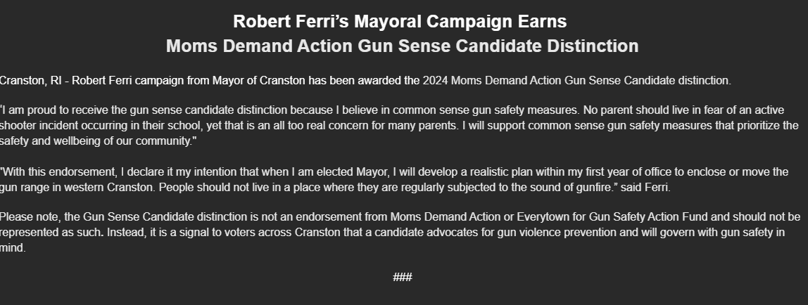 INBOX: <a href="/ferri4cranston/">Robert Ferri for Mayor for Cranston</a> (D) now has the 'Moms Demand Action Gun Sense Candidate' distinction.