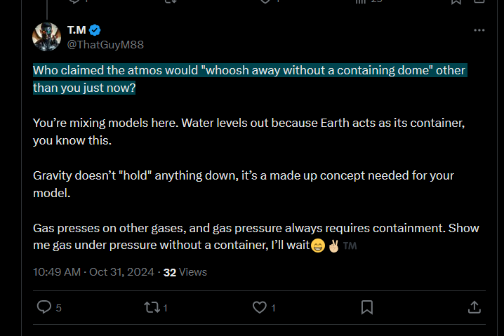 FlerfHerder's tweet photo. No flat earther has ever claimed the atmosphere would "whoosh away without a containing dome" ๐๐
#levelheads have to rely on bullshit and strawmans
#flatearthfridays can't handle the science https://t.co/hrA6g3Nh23