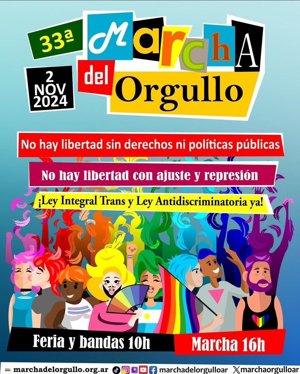 El sábado 2 de Noviembre es la Marcha del Orgullo 2024 🏳️‍🌈 
-No hay libertad sin derechos ni políticas públicas.
-No hay libertad con ajuste y represión. 
-Ley Antidiscriminatoria y Ley Integral Trans, Ya!
Te esperamos!!🏳️‍🌈