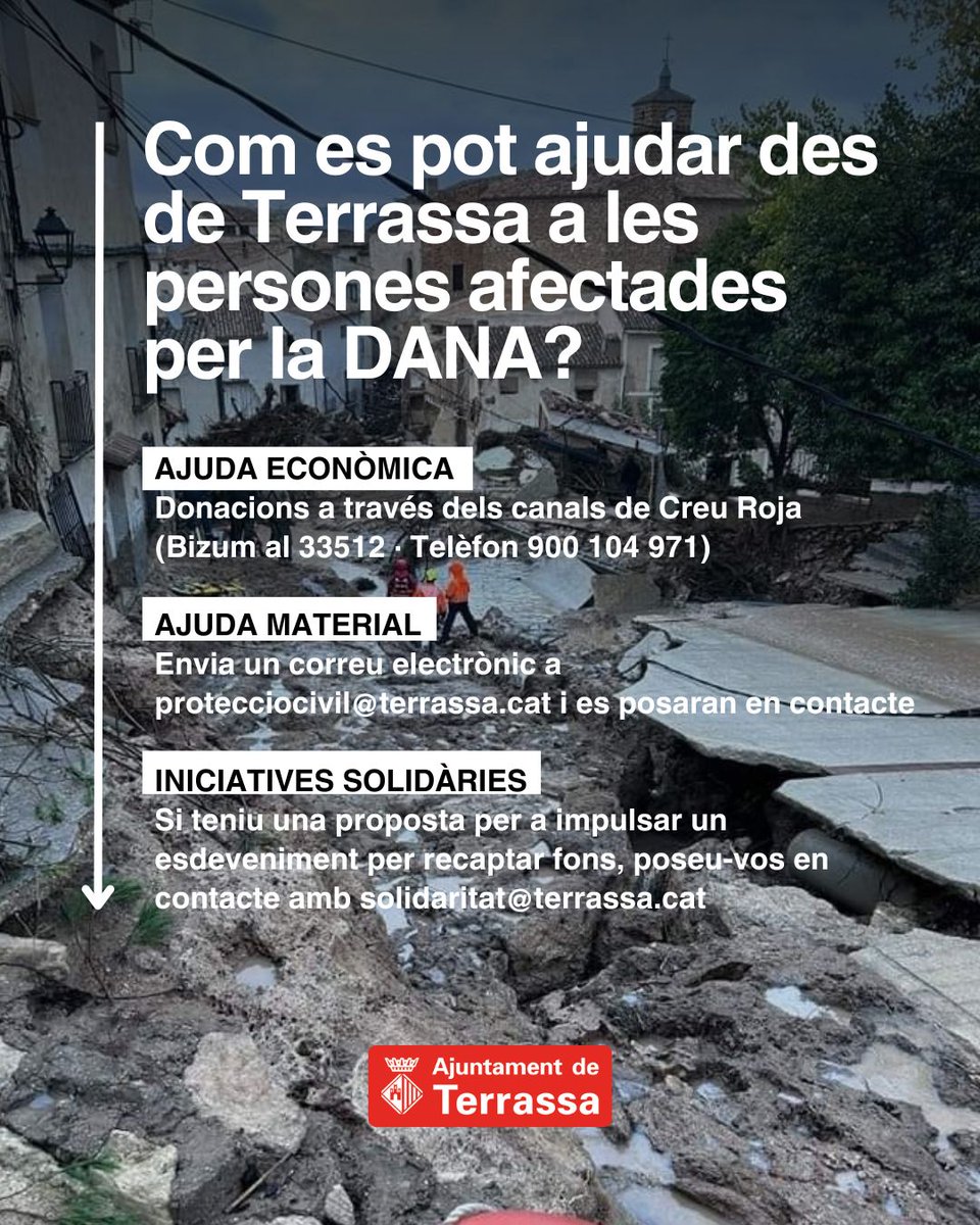 🤍 Us informem de diferents formes d'ajut, des de #Terrassa, a les persones afectades per la Dana que va arrasar ahir poblacions de València, Castella-La Manxa i Andalusia.
<a href="/Solidaritat_Int/">Cooperació Internacional Terrassa</a>  <a href="/trsemergencies/">Emergències Terrassa</a>