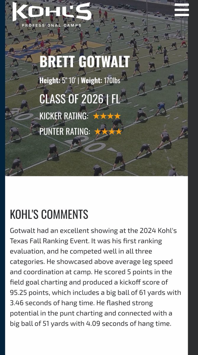 Brett Gotwalt (@brettgotwalt26) on Twitter photo My first ranking camp with <a href="/KohlsKicking/">Kohl's Kicking Camps</a> and I am finally ranked. I am so blessed for this opportunity. Canāt wait to go to another camp!
4āļø K
4āļø P
<a href="/Coach_Kruz/">Garrett Kruczek</a> <a href="/2kKyei/">Nate Kyei-Donkor</a> <a href="/TMAathletics/">TMA Athletics</a> <a href="/RecruitTMA/">The Masterās Academy Recruiting</a> My first ranking camp with <a href="/KohlsKicking/">Kohl's Kicking Camps</a> and I am finally ranked. I am so blessed for this opportunity. Canāt wait to go to another camp!
4āļø K
4āļø P
<a href="/Coach_Kruz/">Garrett Kruczek</a> <a href="/2kKyei/">Nate Kyei-Donkor</a> <a href="/TMAathletics/">TMA Athletics</a> <a href="/RecruitTMA/">The Masterās Academy Recruiting</a>