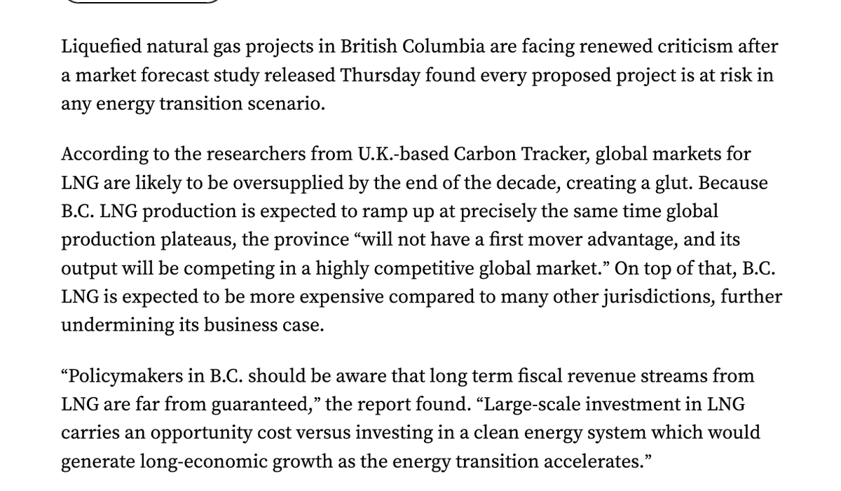 New research from <a href="/CarbonBubble/">Carbon Tracker</a> ought to stop British Columbia's LNG industry in its tracks. It ever made sense from a climate POV, and increasingly the business case just isn't there. 

Expect pressure to ramp up on the new Eby government.
nationalobserver.com/2024/10/31/new…