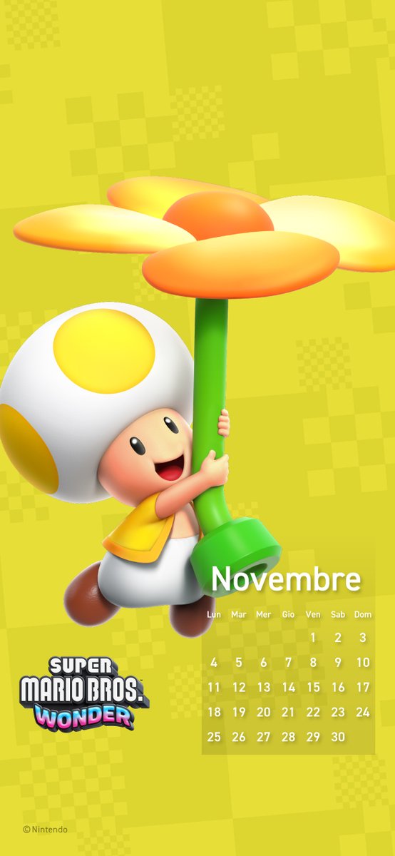 È proprio vero che il tempo vola! Questo novembre, fai planare Toad Giallo sul tuo dispositivo smart con una nuova pagina del calendario a tema #SuperMarioBrosWonder!
