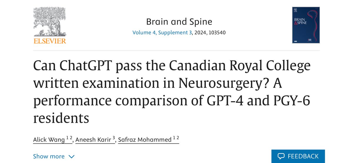 Please check the results of the competition between Canadian PGY-6 residents and #ChatGPT in writing a mocking Canadian Royal College Written examination in #Neurosurgery done by Dr. <a href="/wang_alick/">Alick Wang</a> and Dr. Mohammed of <a href="/uOttawa/">Université d'Ottawa | University of Ottawa</a> 

sciencedirect.com/science/articl…