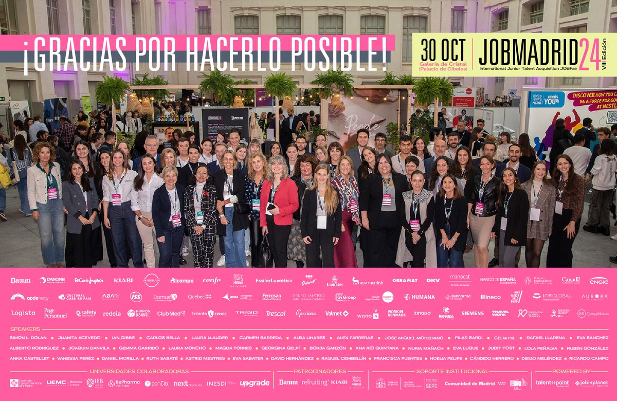 ¡Gracias por hacer posible #JOBMadrid24! 🎉 Este 30 de octubre, en la Galería de Cristal, conectamos a talento junior con +100 empresas y profesionales. 🚀 Candidatos, que JOBMadrid sea el inicio de grandes logros. 🤝 Recruiters, sois el motor de este evento. Volvemos en mayo..🫢