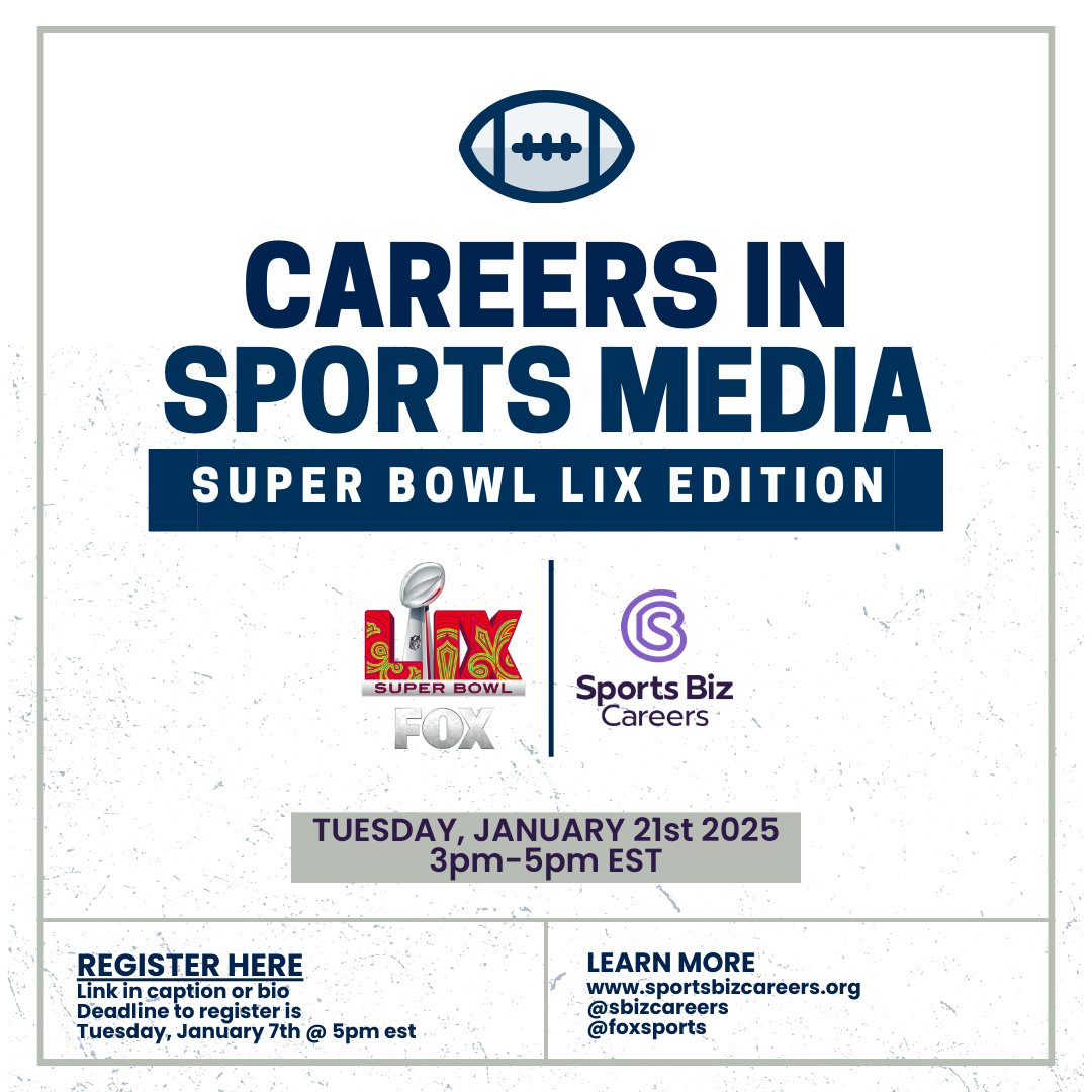🚨 We're proud to partner with <a href="/FOXSports/">FOX Sports</a> and, in association with <a href="/CastIronMediaCo/">Cast Iron Media</a> to host our annual Careers in Sports Media: Super Bowl LIX Edition 🏈 
✒ REGISTER HERE: lnkd.in/eHKD7_Gv
🆓 NO COST TO ATTEND
🎟 Only 75 Seats Available!