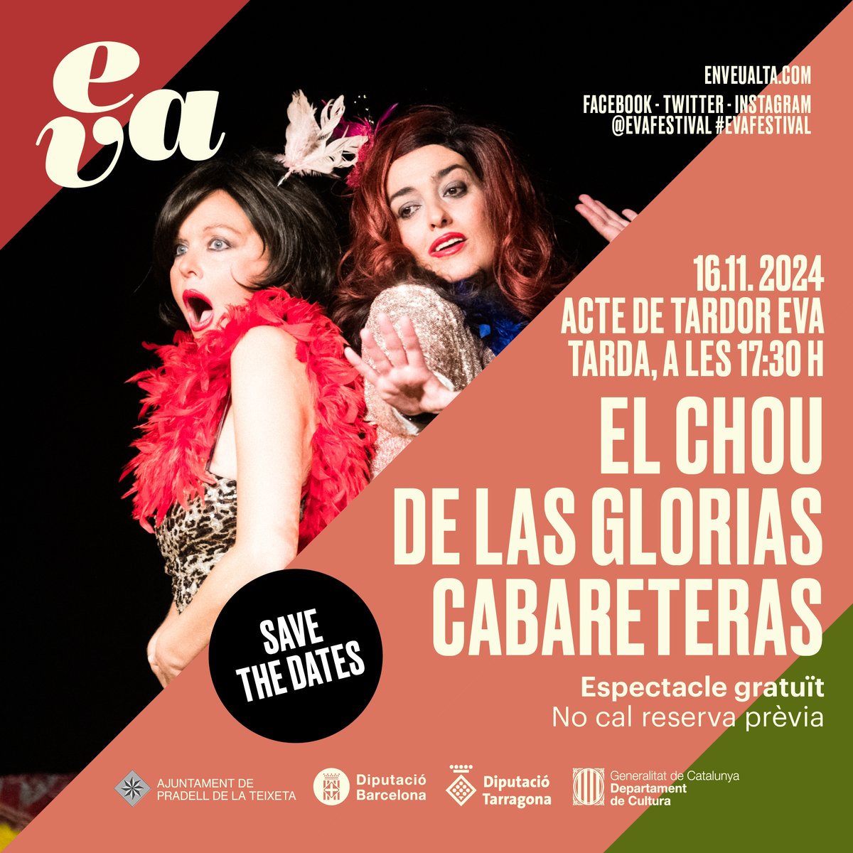 🎉SAVE THE DATES!

📆 Dissabte 16 de novembre, Acte de tardor EVA a Pradell de la Teixeta

📌 Matí: Taller de formació EVA354 amb Anna Tomás
📌 Dinar Popular al Sindicat. 
Cal reserva prèvia : docs.google.com/forms/d/e/1FAI…
📌 Tarda amb @lasgloriascabaret 

Us hi esperem!
