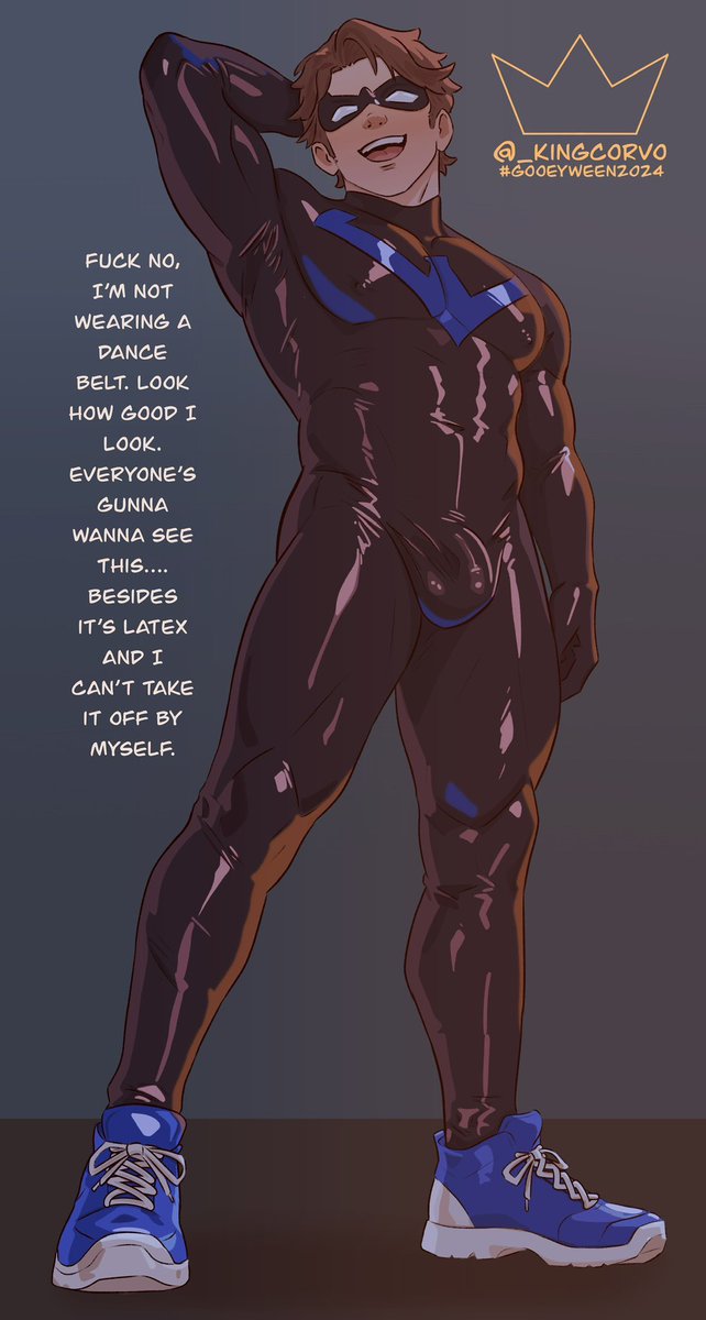 _kingcorvo's tweet photo. Okay last piece for #GooeyWeen2024 (#gooeyween2024 idk which it is). Theo in some tight hot latex. Prompts were smile and draw a character in a costume. And we'll I've drawn Theo as Nightwing before. This one's way more slutty cuz rubber. https://t.co/e35fPOxSBy