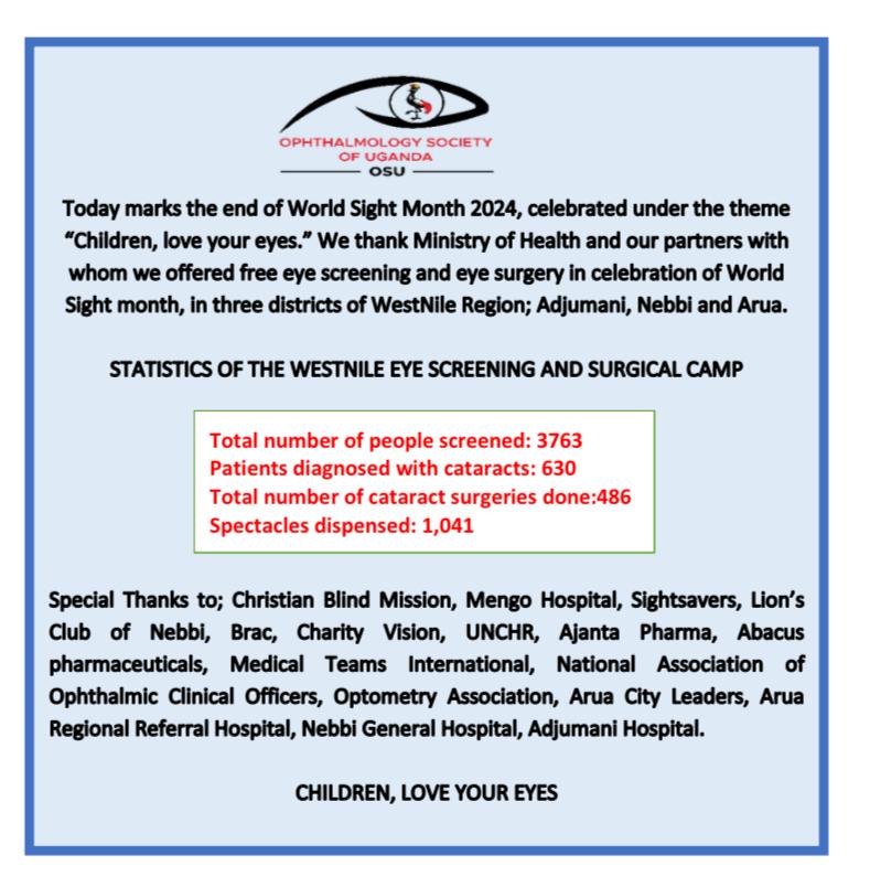 As we conclude the World Sight Month 2024, we wish to thank all our partners and individuals who supported us in extending eye care to WestNile Region. <a href="/MinofHealthUG/">Ministry of Health- Uganda</a> @cbmIEH <a href="/EyeMengo/">MENGO EYE HOSPITAL</a> <a href="/Sightsavers/">Sightsavers</a> <a href="/BRACworld/">BRAC</a> <a href="/UNHCRuganda/">UNHCR Uganda</a> <a href="/medicalteams/">Medical Teams International</a> <a href="/AjantaPharmaLtd/">Ajanta Pharma</a> #Abacus #lionsNebbi Awadifo