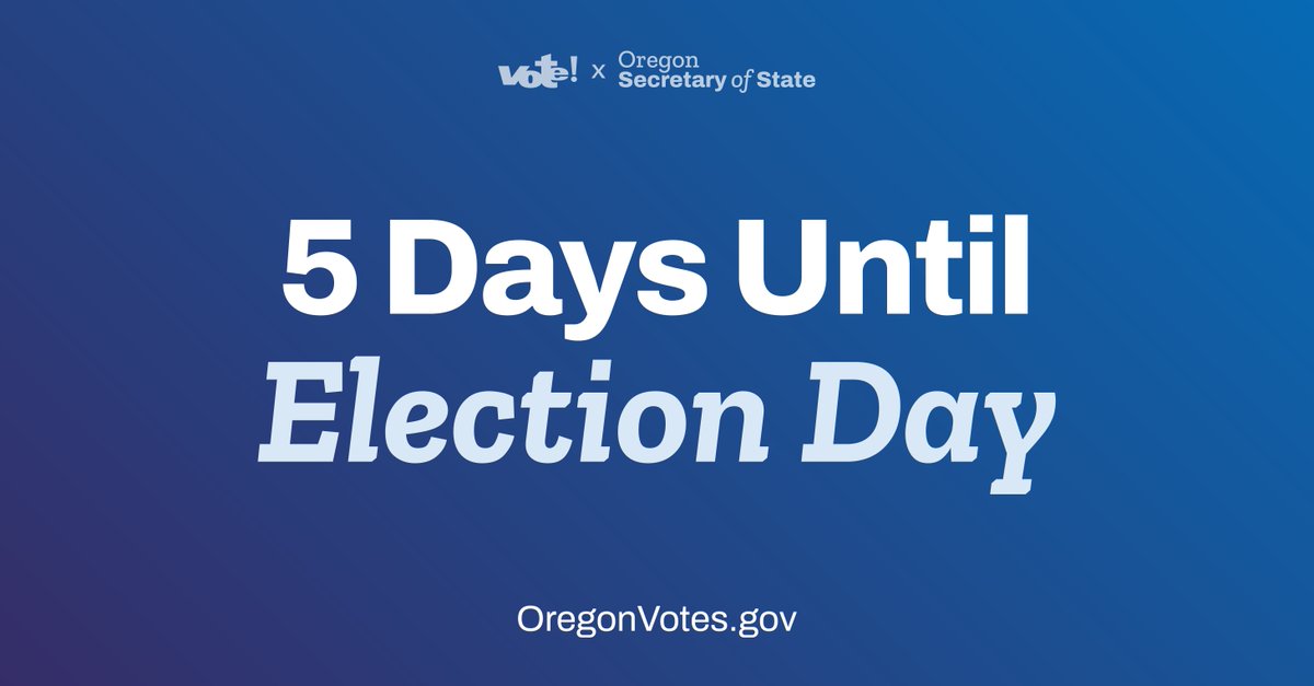 You have ✨FIVE DAYS✨ to turn in your ballot!

Turn in your ballot by 8pm on November 5th. Your options are: 
✅ Mail it. Make sure your ballot is collected by USPS and postmarked by Election Day.
✅ Use an official drop site. OregonVotes.gov/dropbox #TrustedInfo2024