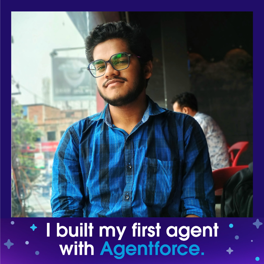 Kings_Mon's tweet photo. I built my first agent with Agentforce 🎉
Complete the @salesforce #BuiltWithAgentforce Quest to build yours today and celebrate your new skills with a custom photo. 🤖
Start learning: https://t.co/rijGxikF9a
#SFgiveaway https://t.co/FpYl8GAmri